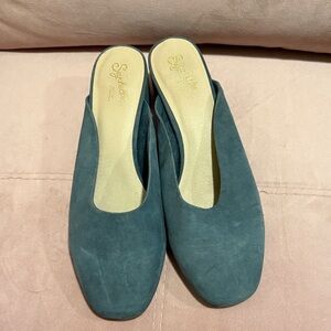 Seychelles Teal Suede Slip-On Mules